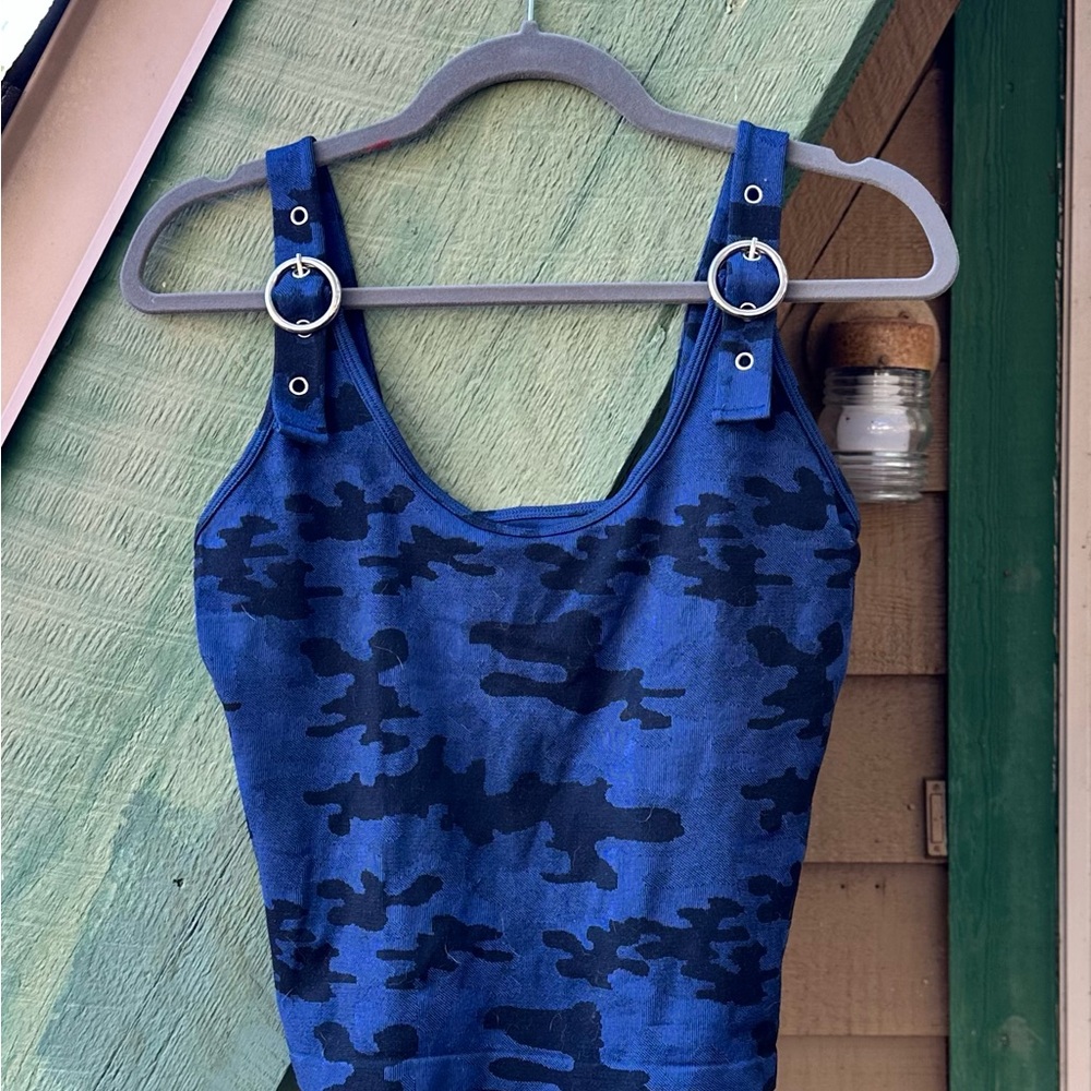 Women's Blue Camo Stretchy Tank Top with Metal Buckle Detail Straps